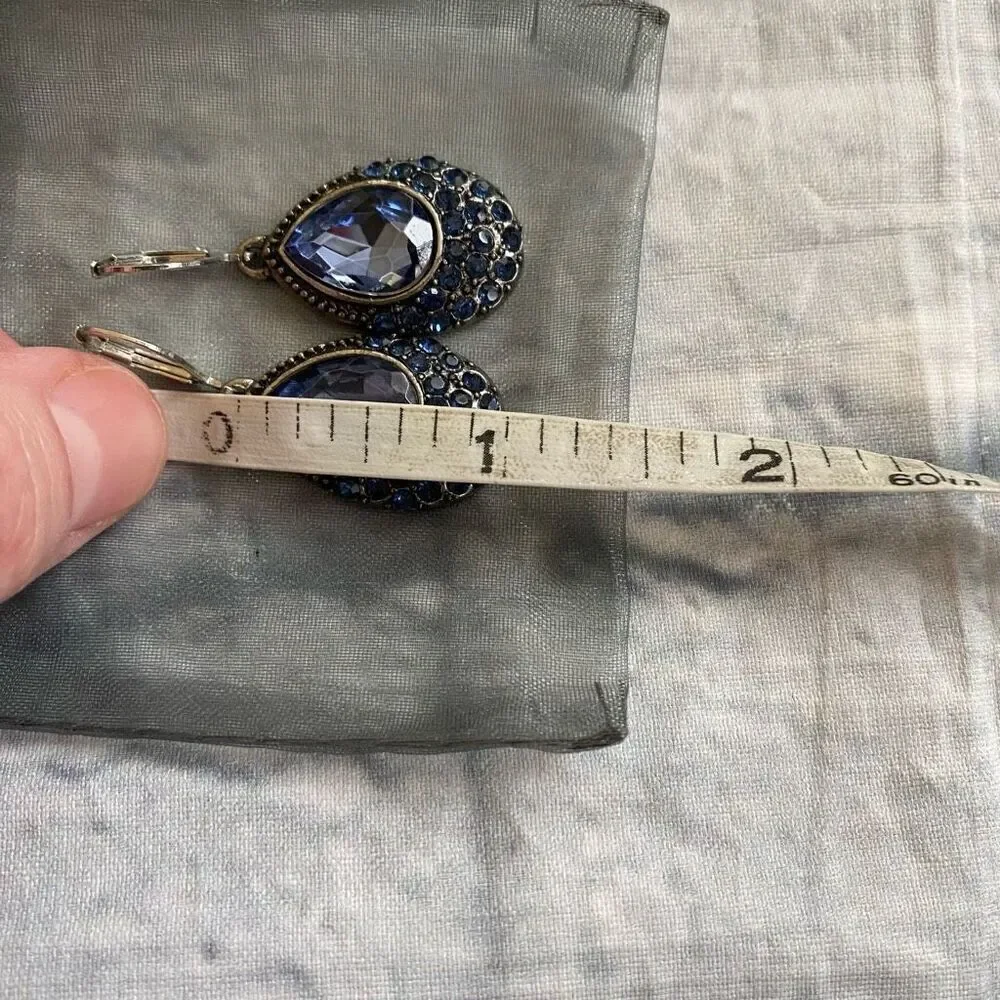 Tear drop earrings w/blue rhinestones and lever back closure blue antique gold